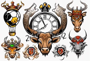Ballon de foot avec le numéro23 ,  une horloge avec une couronne,  le tout avec au fond un taureau tattoo idea