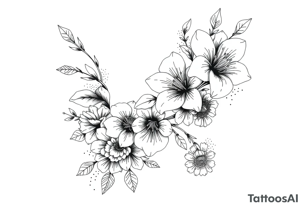 floral composition for sleeve of lycoris flowers with japanese vibe, mutiple ornemental patern and leaf, dot geometric ornement, tattoo idea