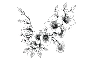 floral composition for sleeve of lycoris flowers with japanese vibe, mutiple ornemental patern and leaf, dot geometric ornement, tattoo idea