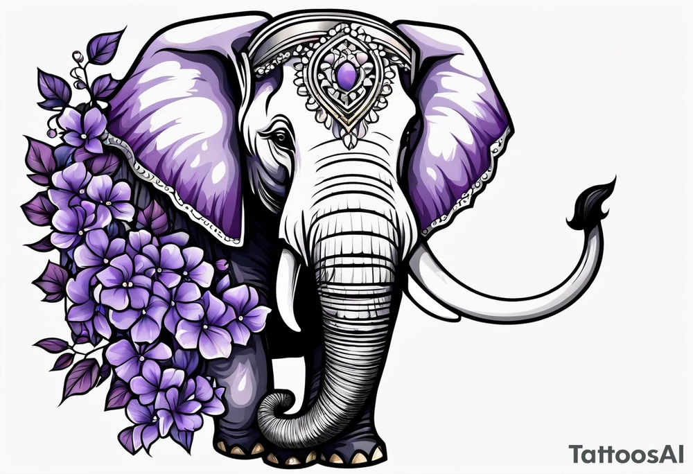 Half elephant face half lilacs tattoo idea