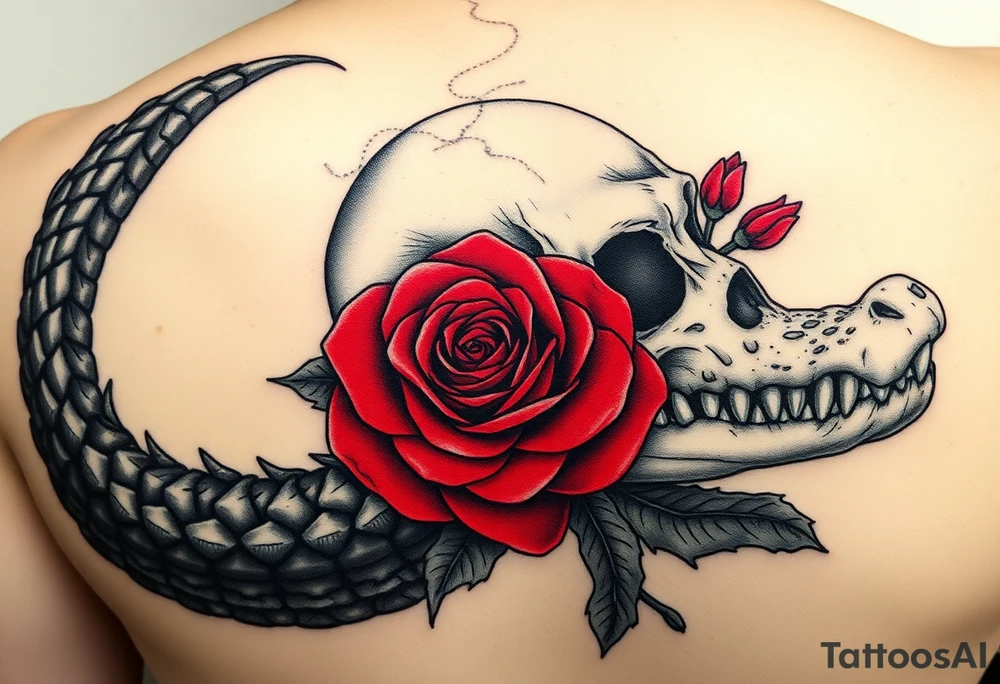 the Tudor rose at the center, all crimson petals edged in black velvet thorns, blooming right out of the skull’s eye socket like it’s growing from his bones. The skull’s grinning, but soft—like he’s in on the joke. And the alligator? He’s coiled around the whole thing, tail curling under the jaw, jaws open just enough to show teeth that look... almost tender. Like he’s protecting it. Or about to eat it.
Maybe a little mist, some ivy creeping up the spine of the rose. Dark greens, deep reds, charcoal shadows. No brights—just that old, heavy velvet feeling. tattoo idea
