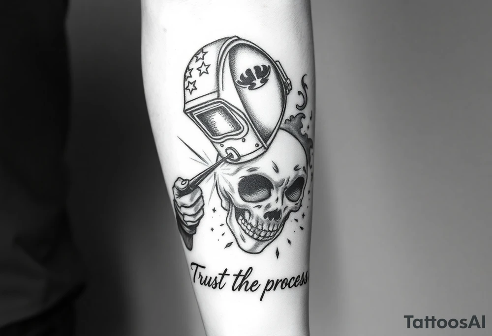 Create a tattoo, in black and white, of a welder, wearing a welder's helmet with stars on it. from only the arms up, welding on a skull Include sparks, and subtle smoke throughout the background as well as the quote, trust the process, at the bottom where the arm meets the wrist. This needs to be sized for a forearm, add shading in the background in the form of smoke tattoo idea