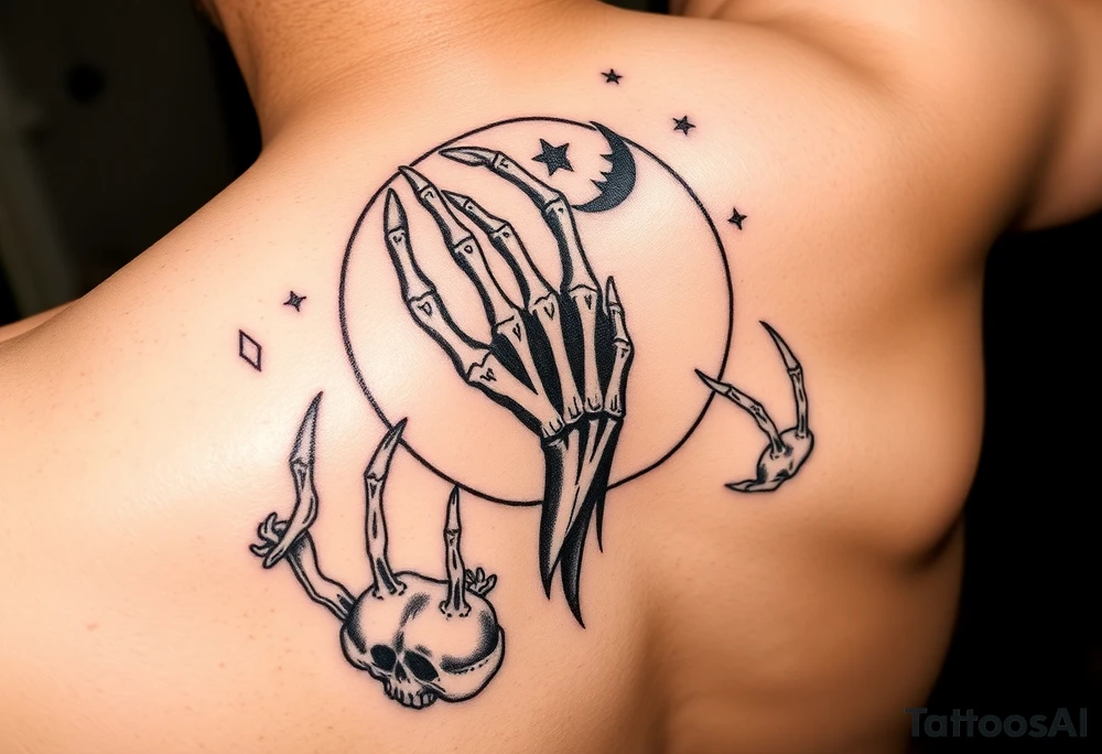 zodiac cancer skeletal hand snile with fangs on a fyull bloody moon surrounded by dead quids
 and a hellishly starry sky tattoo idea