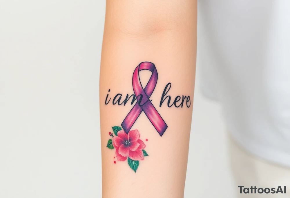 ‘I am here’ with breast cancer pink ribbon as I with Hawaiian theme tattoo idea