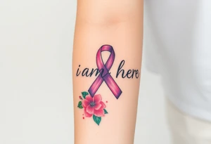 ‘I am here’ with breast cancer pink ribbon as I with Hawaiian theme tattoo idea
