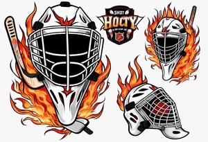 goalie mask with crossed hockey sticks and flames that says "SHOT HOCKEY" tattoo idea