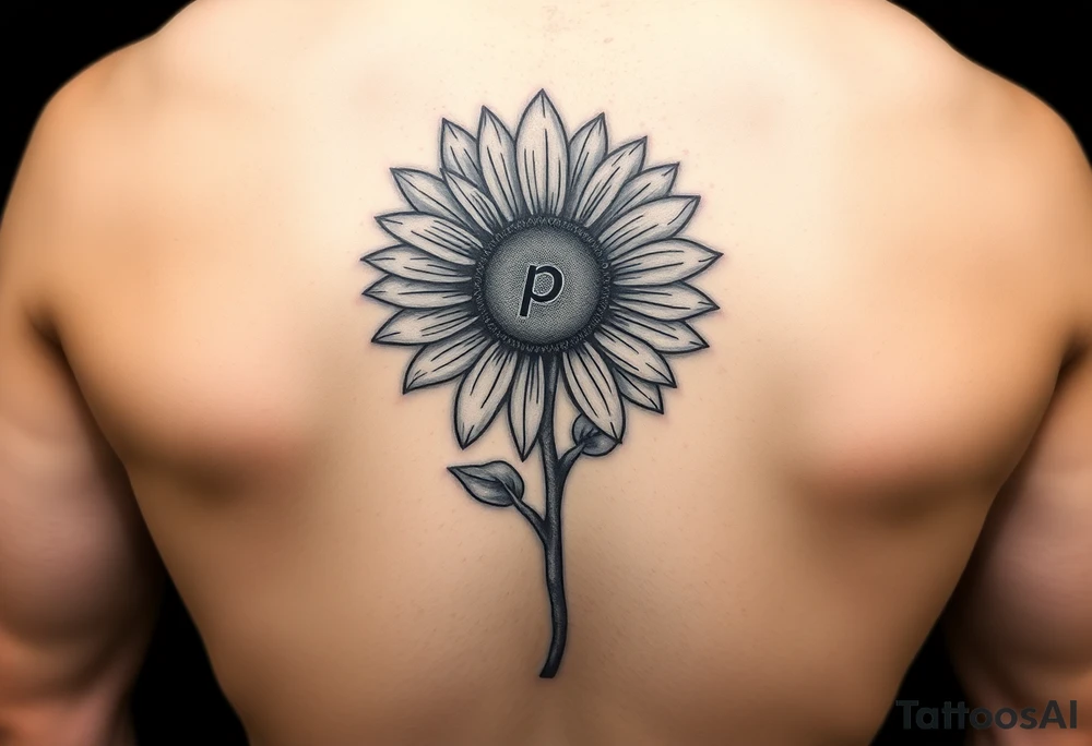Sunflower with the letter p hidden in the stem, small thin line tattoo idea