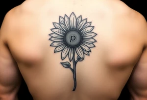 Sunflower with the letter p hidden in the stem, small thin line tattoo idea