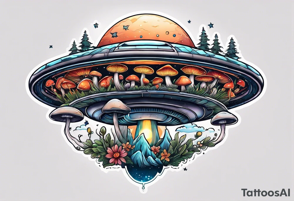 ufo in sky, mushrooms, moon, plants tattoo idea