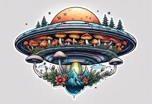 ufo in sky, mushrooms, moon, plants tattoo idea