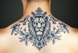 powerful majestic lion with a crown, surrounded by floral ornaments and birds tattoo idea