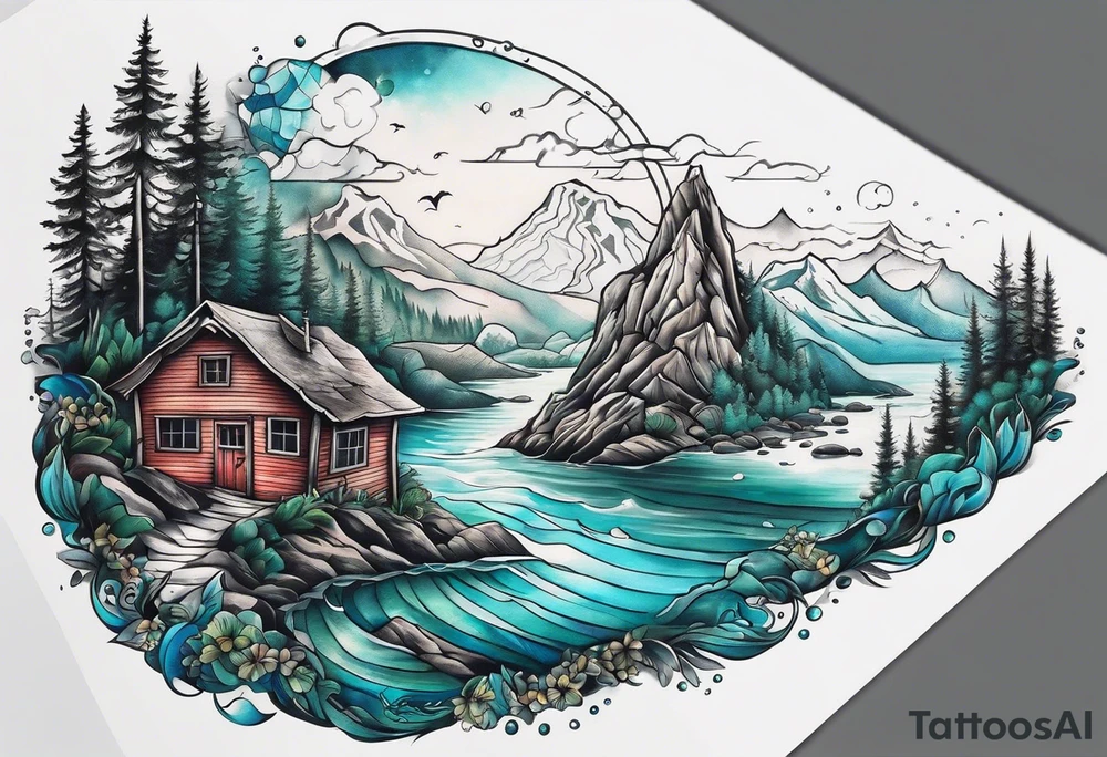 This is a tattoo that is split into 2 sections; a top half and a bottom half. The top half is a mountain in Norway with a mountain bike trail winding down the mountain. The bottom half of the tattoo depicts an underwater scene featuring water, and sea life. tattoo idea