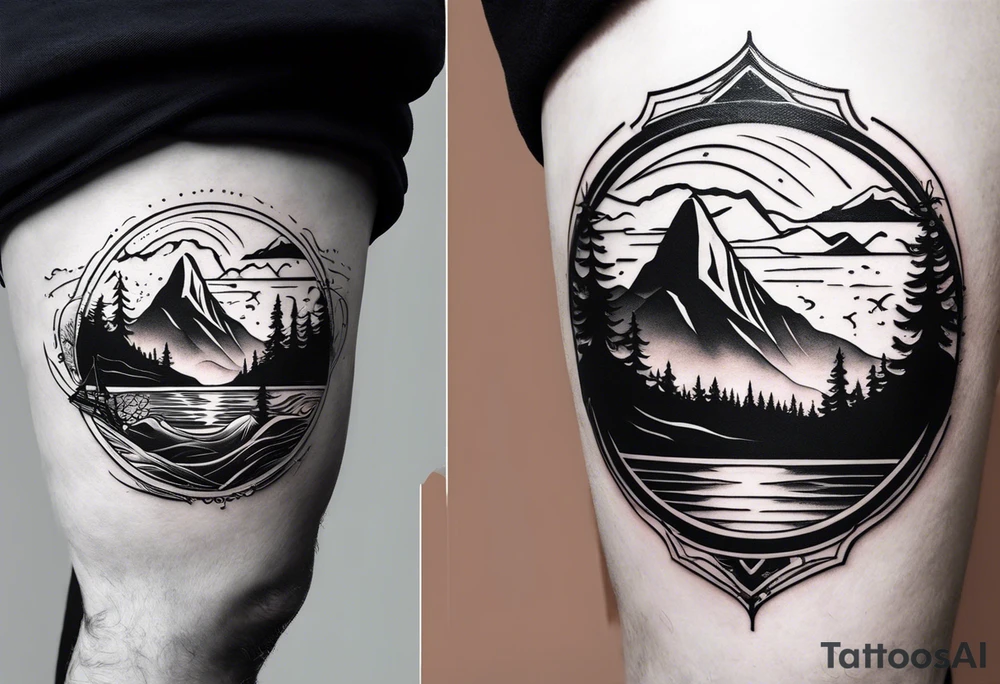 This is a tattoo that is split into 2 sections. The top half is a mountain in Norway with a mountain bike trail winding down the mountain. The bottom half of the tattoo depicts an underwater scene featuring water, and sea life. tattoo idea