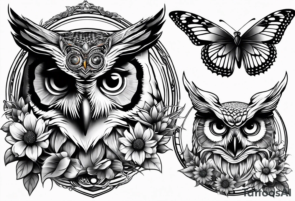 Sleeve with an owl, sunflower and butterfly tattoo idea