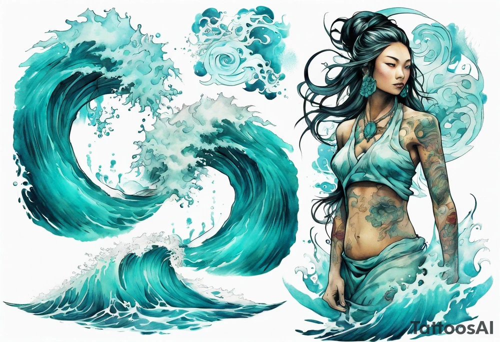 a turquoise Na'vi woman standing in the sea surrounded by crashing waves tattoo idea