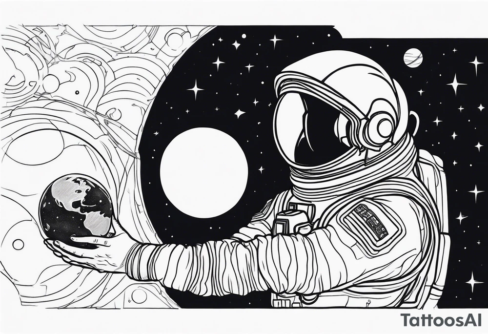 an astronaut hunched over in space from the back holding a planet in his hands tattoo idea