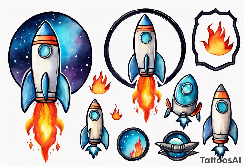 Super simple cartoon rocket ship with a round window, 3 fins, and fire coming out the bottom

Add some shading, color, and detail to make less basic - no blue tattoo idea