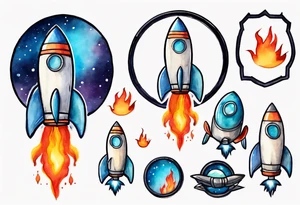 Super simple cartoon rocket ship with a round window, 3 fins, and fire coming out the bottom

Add some shading, color, and detail to make less basic - no blue tattoo idea