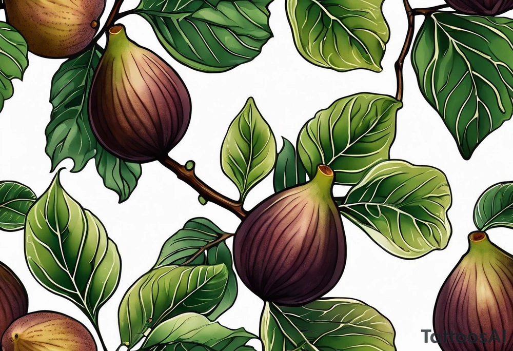 A fig branch with 3 greenish-brown fruits and multiple leaves tattoo idea