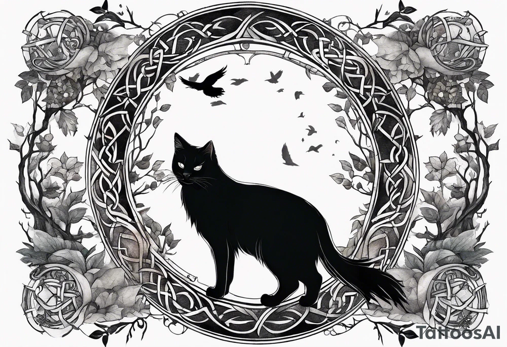 world tree with a cat and a raven and knotwork upper arm tattoo tattoo idea