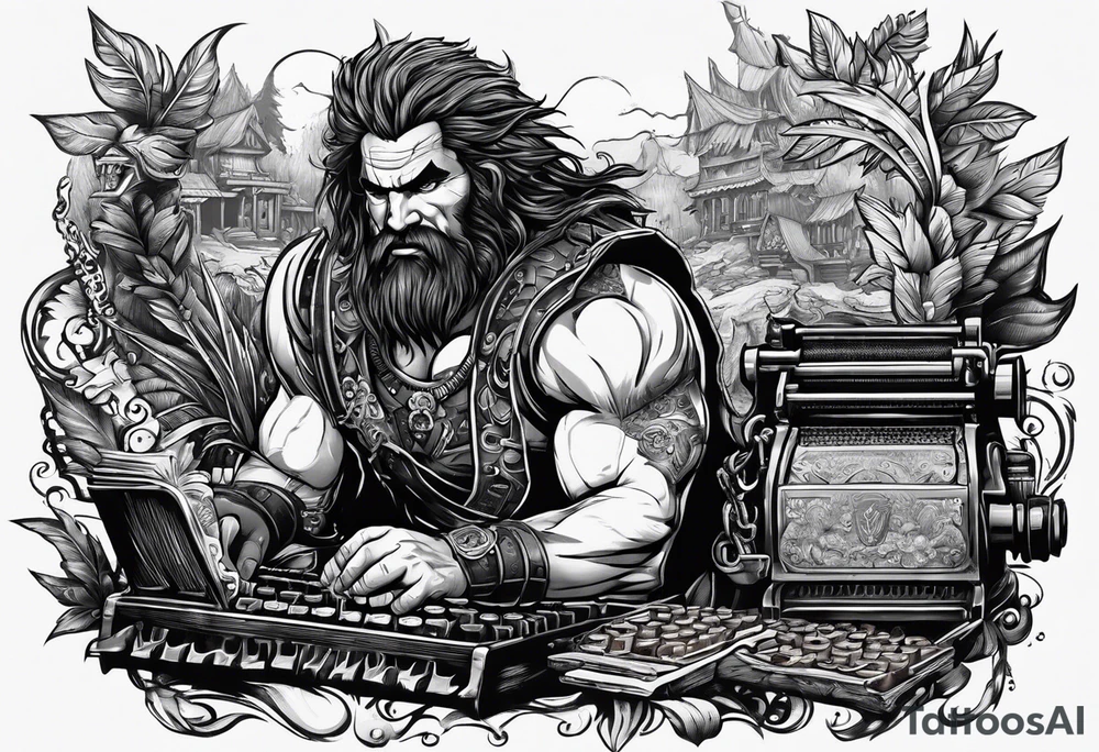 barbarian coming out of a typewriter tattoo idea