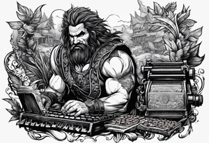 barbarian coming out of a typewriter tattoo idea