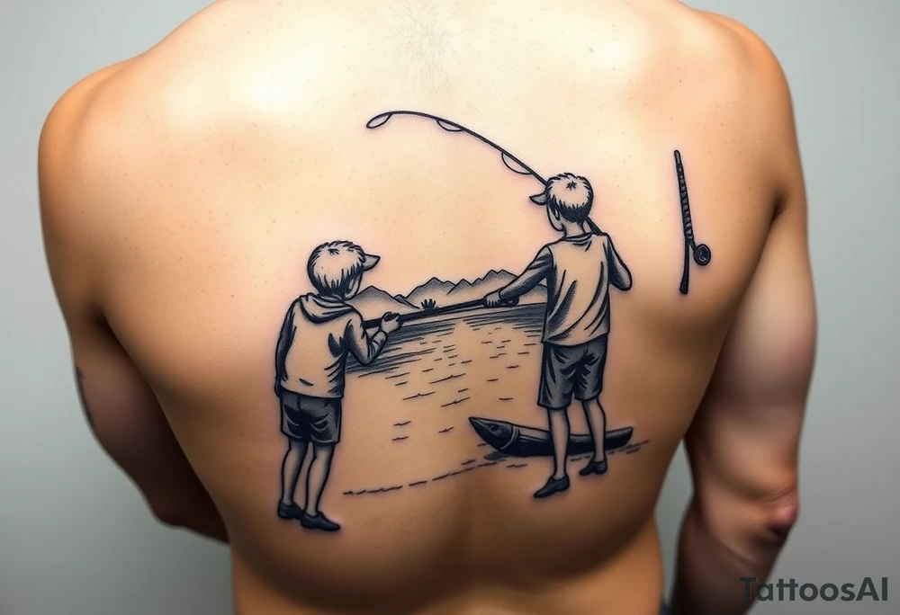 Dad fishing with 3 kids 
1girl and 2 sons
With lake tattoo idea