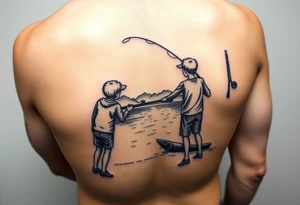 Dad fishing with 3 kids 
1girl and 2 sons
With lake tattoo idea