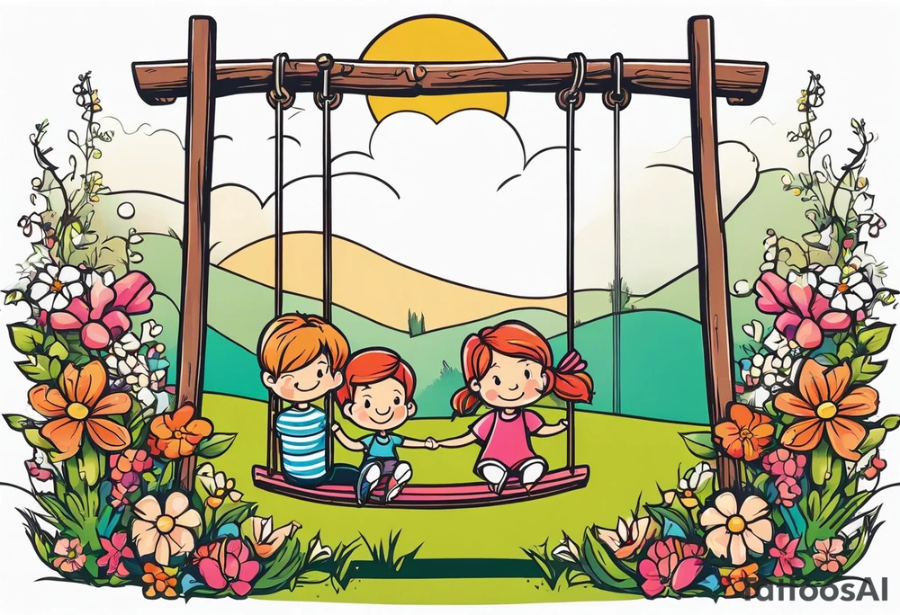 Mom with son and daughter on a swing in the distance in a field of flowers tattoo idea