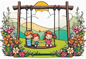 Mom with son and daughter on a swing in the distance in a field of flowers tattoo idea