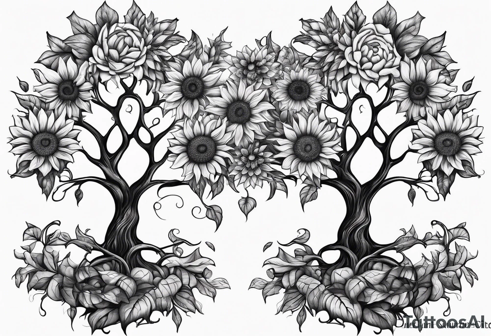 Feminine Yggdrasil tree with two sunflowers tattoo idea Feminine Yggdrasil tree with two sunflowers tattoo idea