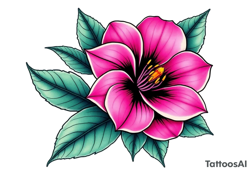 pink camelia flower with leaves and stem tattoo idea