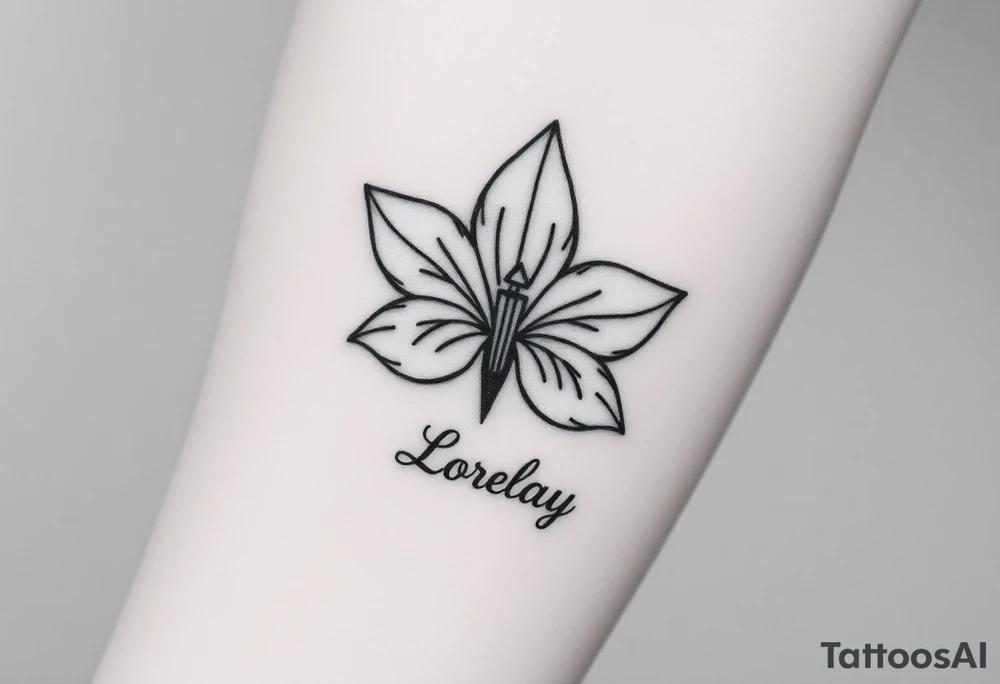 Crea un diseño significativo sobre la flor de bayahibe egipcia y que tenga el nombre escrito por de bajo del diseño el nombre de mi hermana Lorelay para la parte baja del bíceps tattoo idea