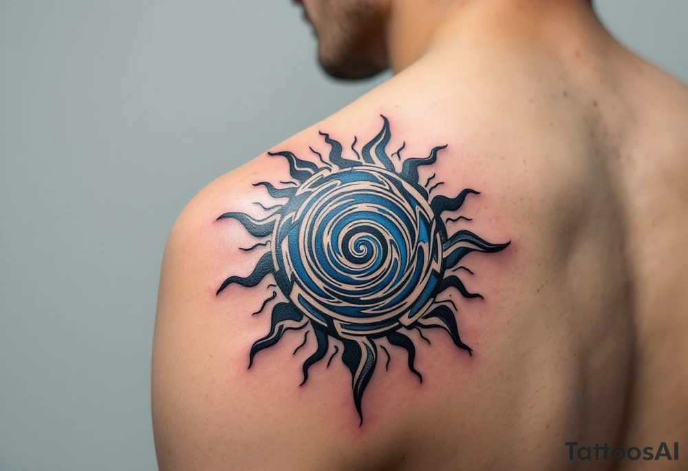 With spirals of cobalt and charcoal, this Celtic sun combines sky and shadow on the upper arm. tattoo idea