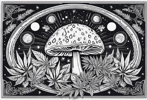 Minimal line art of cannabis buds with. Mushrooms sproutingIncorporate the solar cycle and lunar cycle. Add crystals tattoo idea
