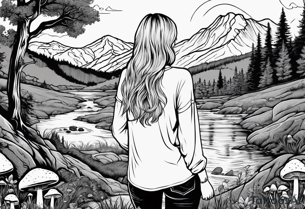 Whole picture encircled fully

Straight long blonde hair hippie girl in distance holding mushrooms in hand facing away toward mountains and creek surrounded by mushrooms long sleeve shirt and hiking pants; whole rendering within a full circle, no cut off circle tattoo idea