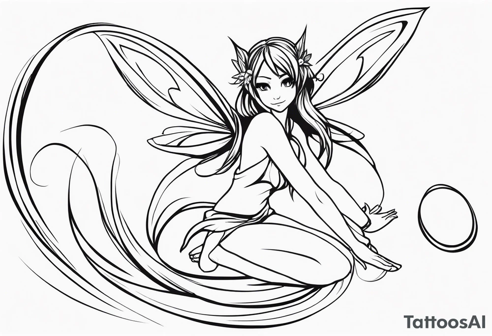No color sketch of a fairy with a tail inspired by the guild symbol in the anime show called Fairy Tail in a fetal position leaning in and forward while crawled in hugging herself with hands a bit forward and her body is an angle while floating in the air tattoo idea