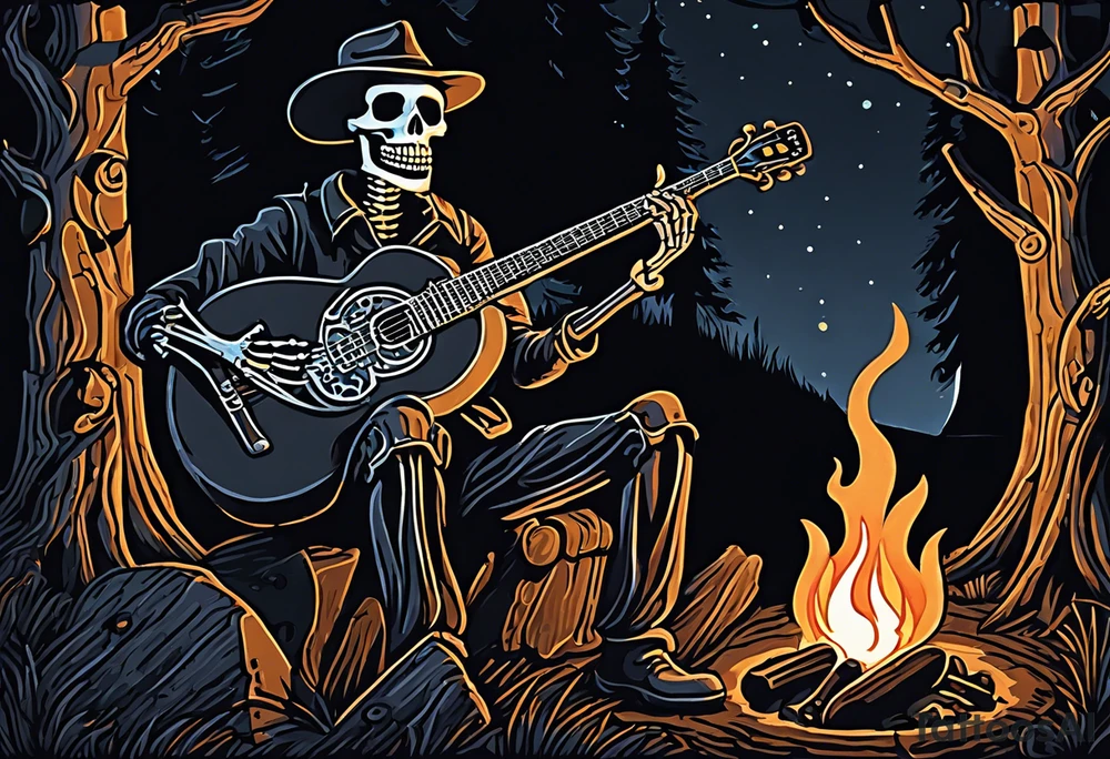 Foreground: The skeleton in a coal miner's hat, animatedly playing the banjo. The light from the campfire illuminates the skeleton and the nearby surroundings, casting intricate shadows.
Midground: The glowing campfire, with flames realistically designed in black and grey shades to emphasize movement and light.
Background: Subtle outlines and shading of rhododendron plants, giving a natural and dense feel to the woods. These can be stylized to blend seamlessly with the style of the tattoo.
Sky: A night sky speckled with stars, adding depth and a sense of time to the scene, with the stars providing a contrast against the dark sky. tattoo idea