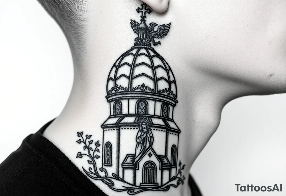 Flowing Scene

A onion dome orthodox church
Virgin Mary in prayer pose wrapping around the lower neck curve
A small double headed russian coat of arms eagle or just the star tucked above the dome near the hairline tattoo idea