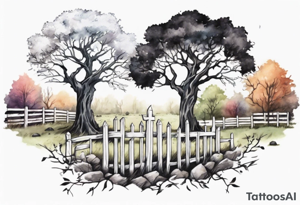 A black tree and a white tree intertwining branches in a field with a fence and headstones tattoo idea