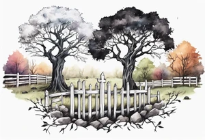 A black tree and a white tree intertwining branches in a field with a fence and headstones tattoo idea