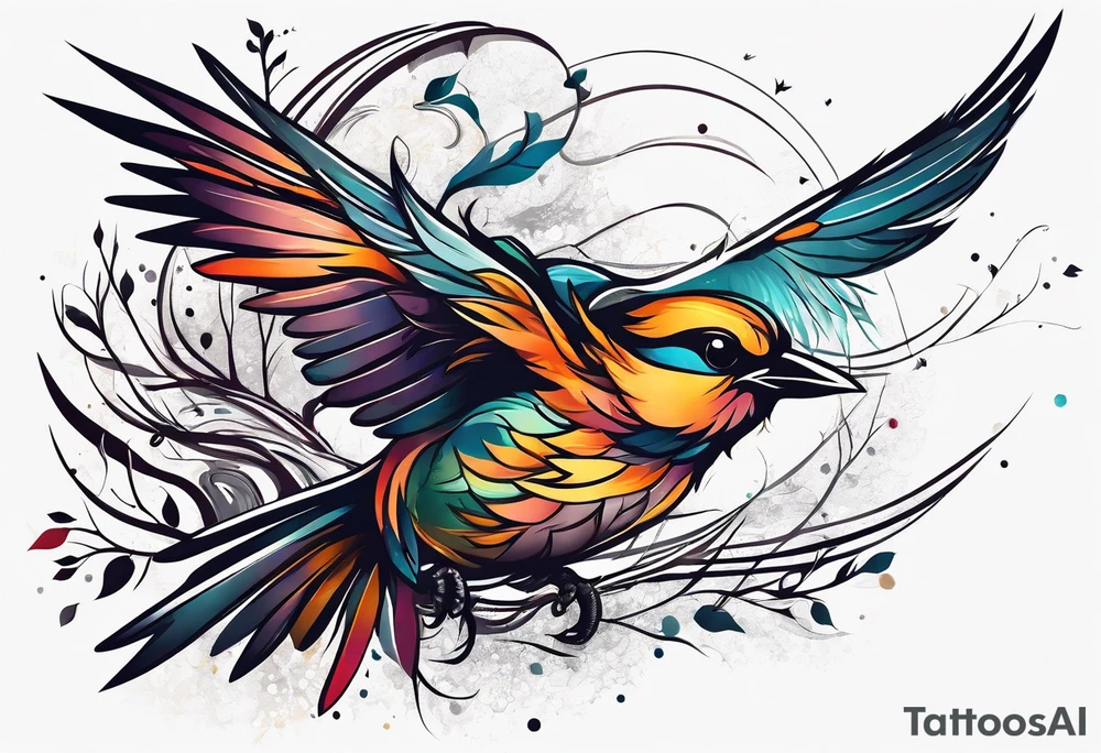 leave's tree flying away bird tattoo idea