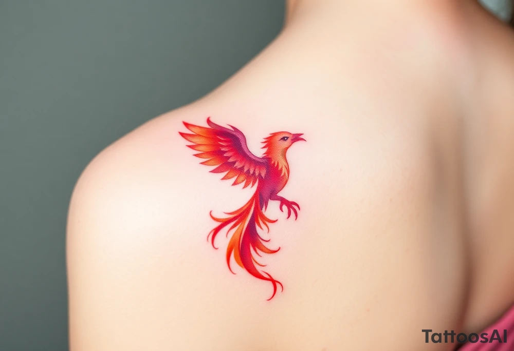 Square, phoenix rising from fire, colors red, pink, orange and purple. tattoo idea