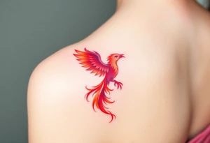Square, phoenix rising from fire, colors red, pink, orange and purple. tattoo idea