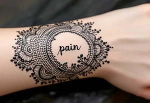 Indian style Henna tattoo for the inner wrist include the word pain in small font tattoo idea