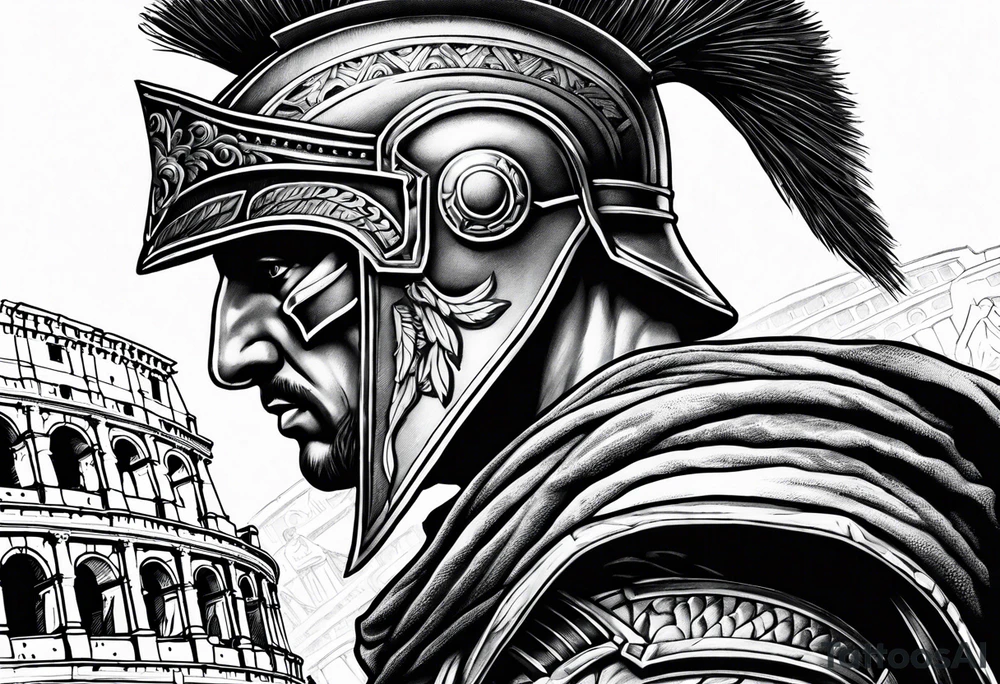 Side profile of spartan soilder with Rome Pantheon and colosseum in background tattoo idea