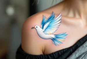 Dove of Peace – A gentle white dove in flight, with blue and gold feathers, carrying an olive branch in its beak, symbolizing peace and the Holy Spirit. tattoo idea