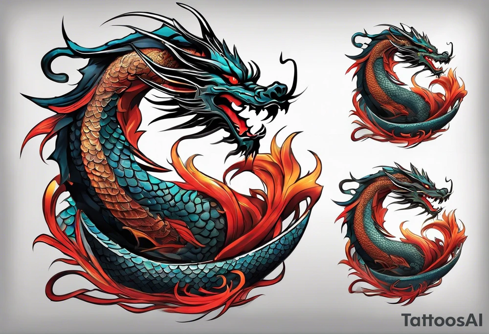 An epic floating asian dragon. Its long body coiling dynamically, with scales and horns detailed to create a sense of movement and strength. The dragon's color is giving a vibrant depth and a mystical aura. This tattoo highlights the dragon’s fierce expression and sharp claws. tattoo idea