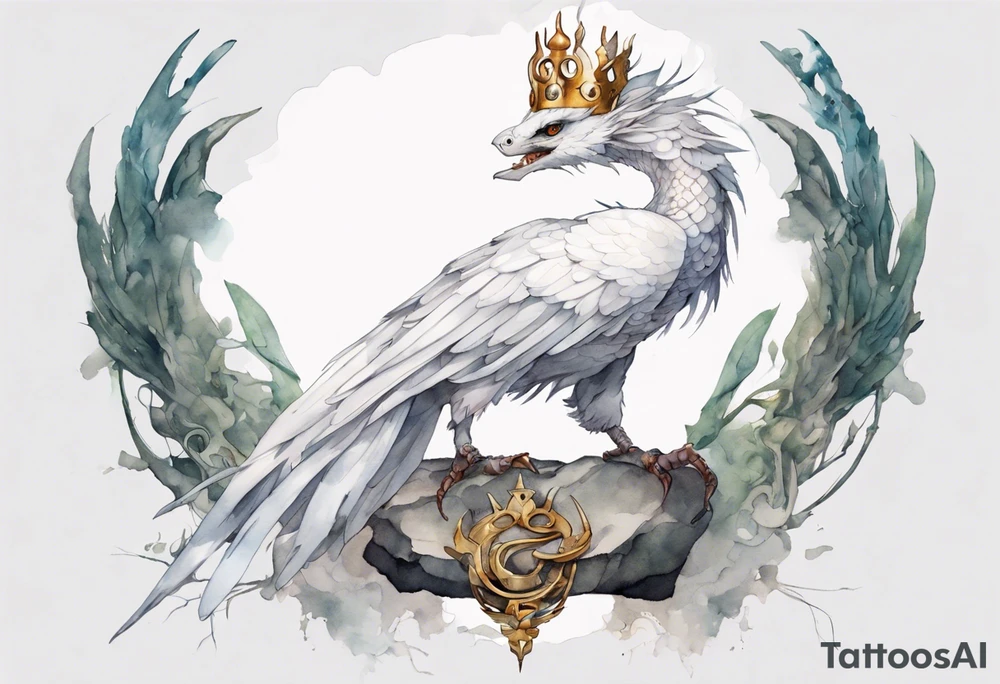 a white bird-serpent hybrid, wearing a iron crown, perched on a stone tattoo idea