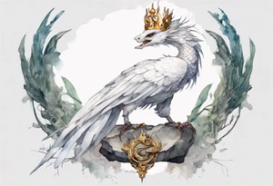 a white bird-serpent hybrid, wearing a iron crown, perched on a stone tattoo idea